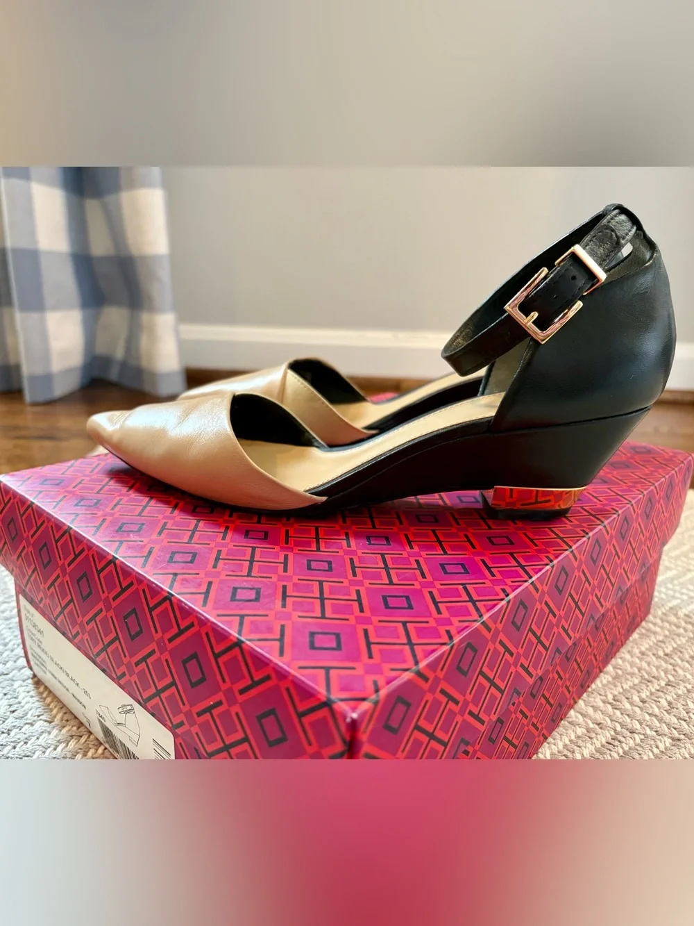 Tory Burch Nude and Black Pointed Leather Wedge Heels